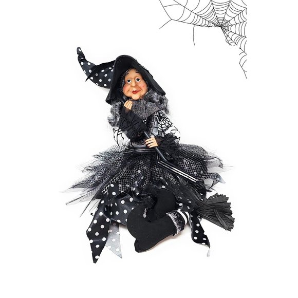 Halloween Witch 24" White Polka Dot Dress and Pointed Hat Party Decor Wreath Cen - Picture 1 of 6